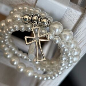 Elegant Silver and White Pearl 3 Strand Memory Wire Cross Bracelet